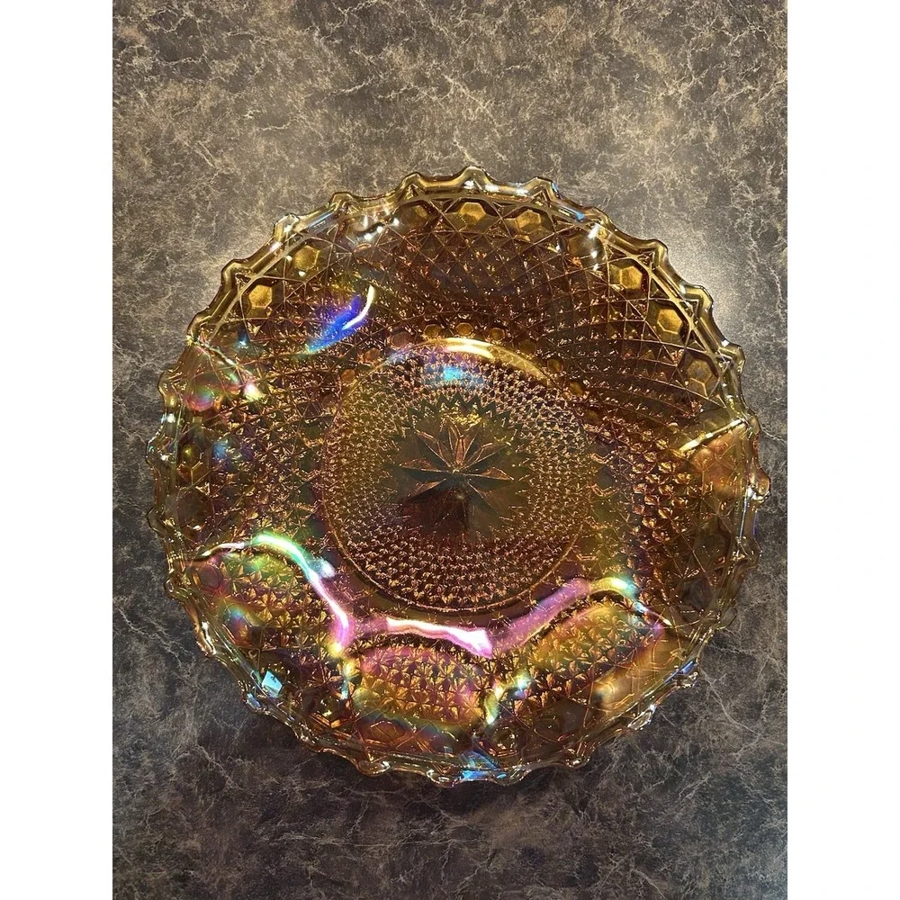Vintage Indiana Carnival Glass Bowl Amber Marigold Scalloped Dish Iridescent 10